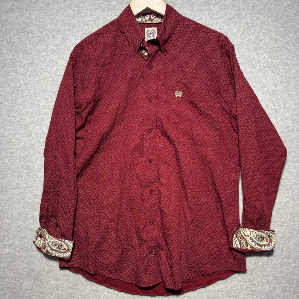 Cinch Mens XS Red Geometric Print Button Down Western‎ Shirt Paisley Trim Cotton